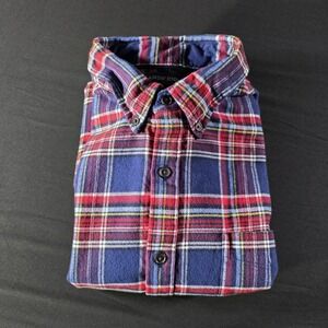 Lands' End Men's L Flannel Shirt Red Navy Tartan Plaid Soft Cotton Button Down